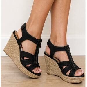 Michael Kors Sandals Berkley Style T Strap Espadrille Wedge Zip Front Black SZ 8